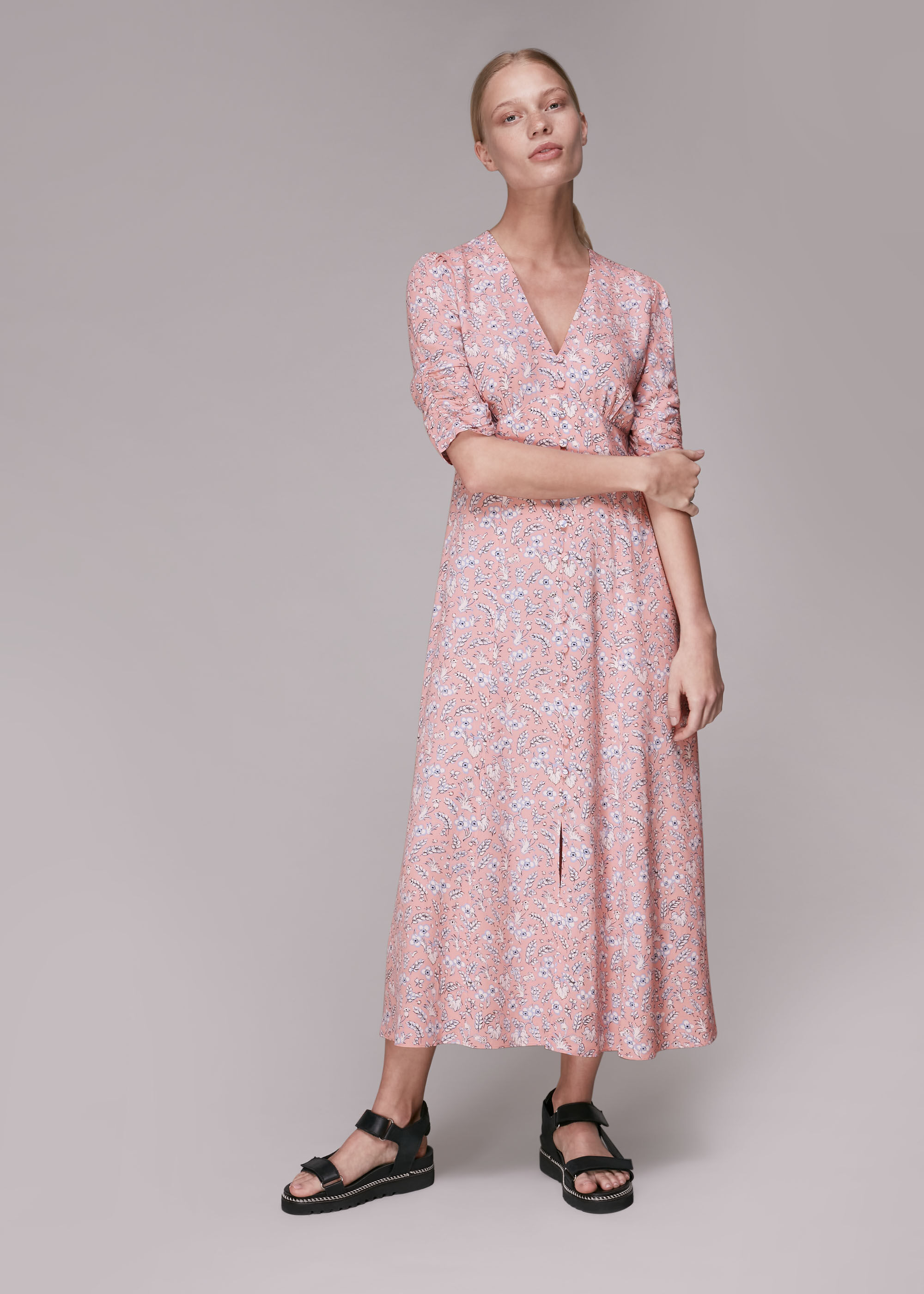 pink floral midi dress